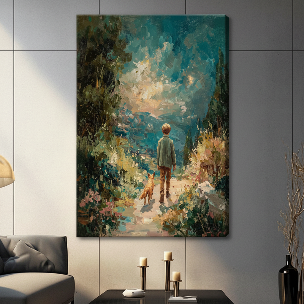 Gallery wrap canvas of boy and dog walking through sunlit garden path — impressionist teal and gold oil painting, nature wall art for living room