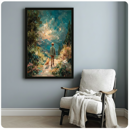 Framed boy and dog wildflower path art print on blue-grey wall beside armchair — impressionist oil painting of child and dog in lush garden, warm teal tones