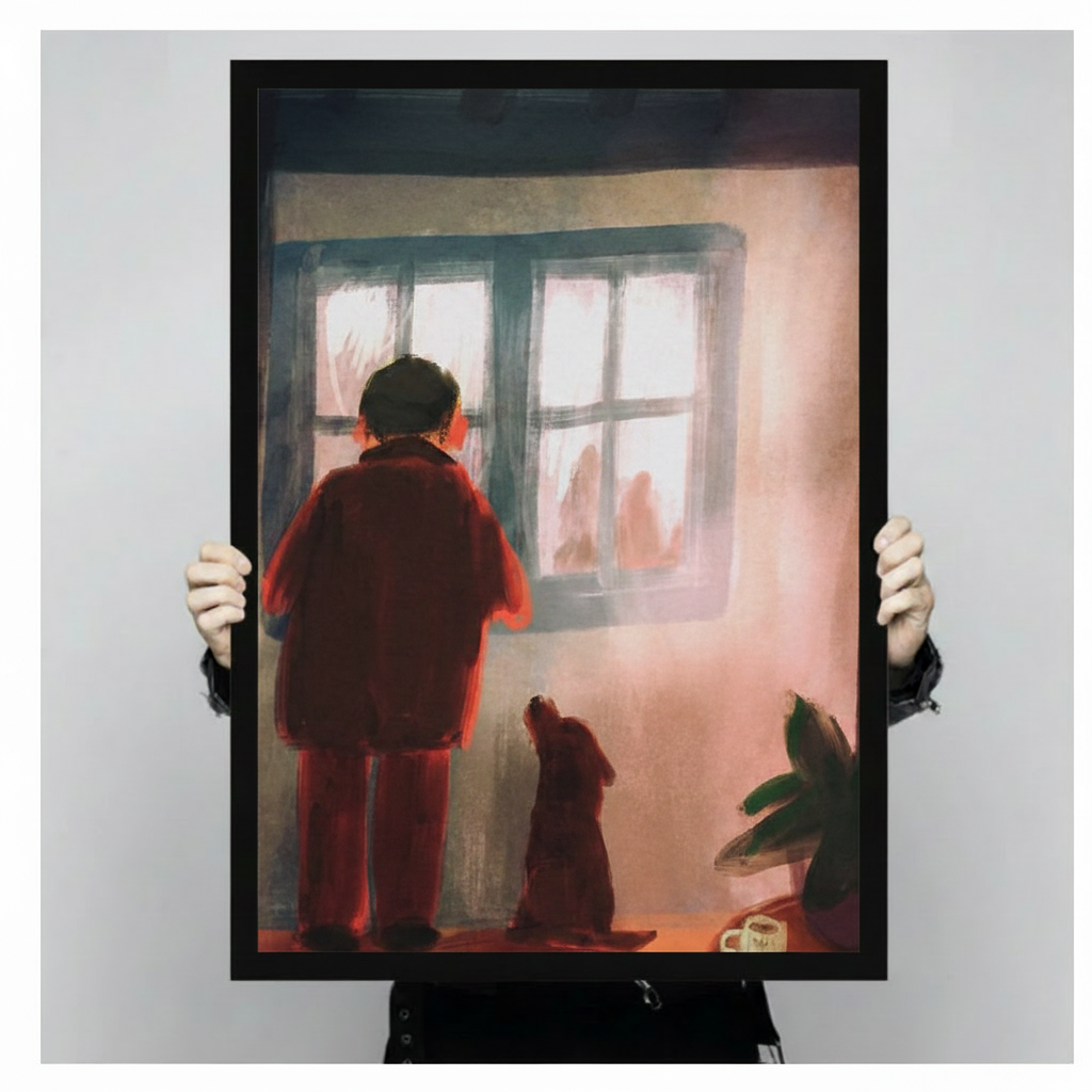 Close-up of a painterly canvas print showing a child in a red coat and a dog by a bright window — expressive brushwork wall art