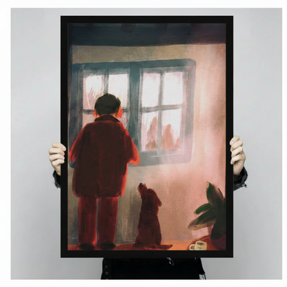 Close-up of a painterly canvas print showing a child in a red coat and a dog by a bright window — expressive brushwork wall art
