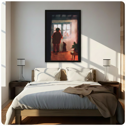 Framed canvas art of a boy and dog silhouetted against a sunlit window, styled above a bed in a bright minimalist bedroom