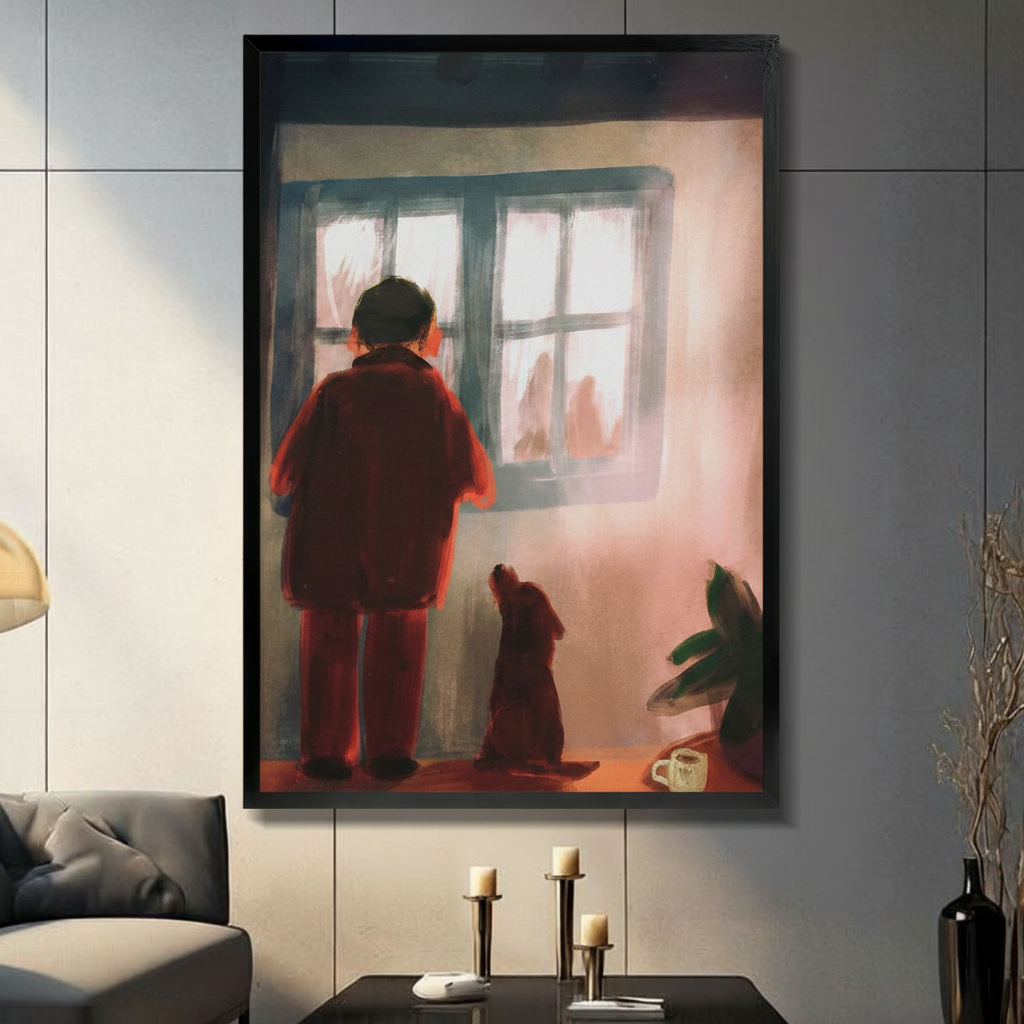 Framed canvas wall art of a boy and dog gazing out a window, displayed in a moody living room with candlesticks — emotional figurative print