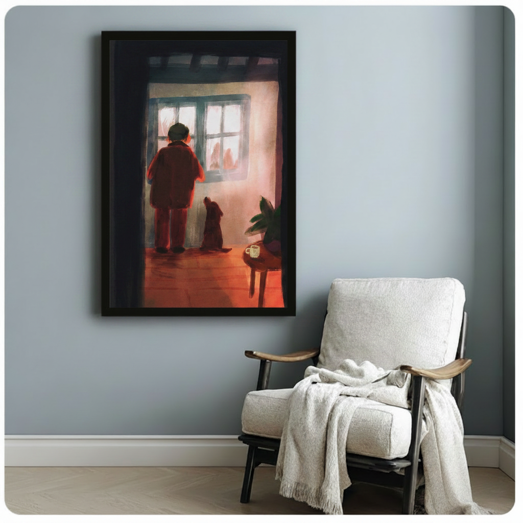 Framed figurative wall art of a boy and his dog looking out a window, hung above a cozy armchair on a blue-grey wall