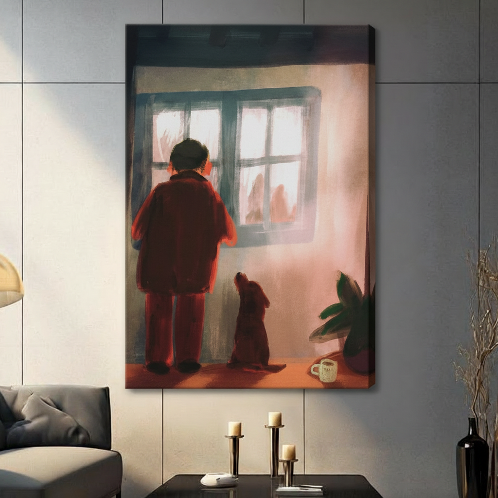 Gallery wrapped canvas print featuring a child and dog standing by a glowing window, warm amber tones, modern living room decor