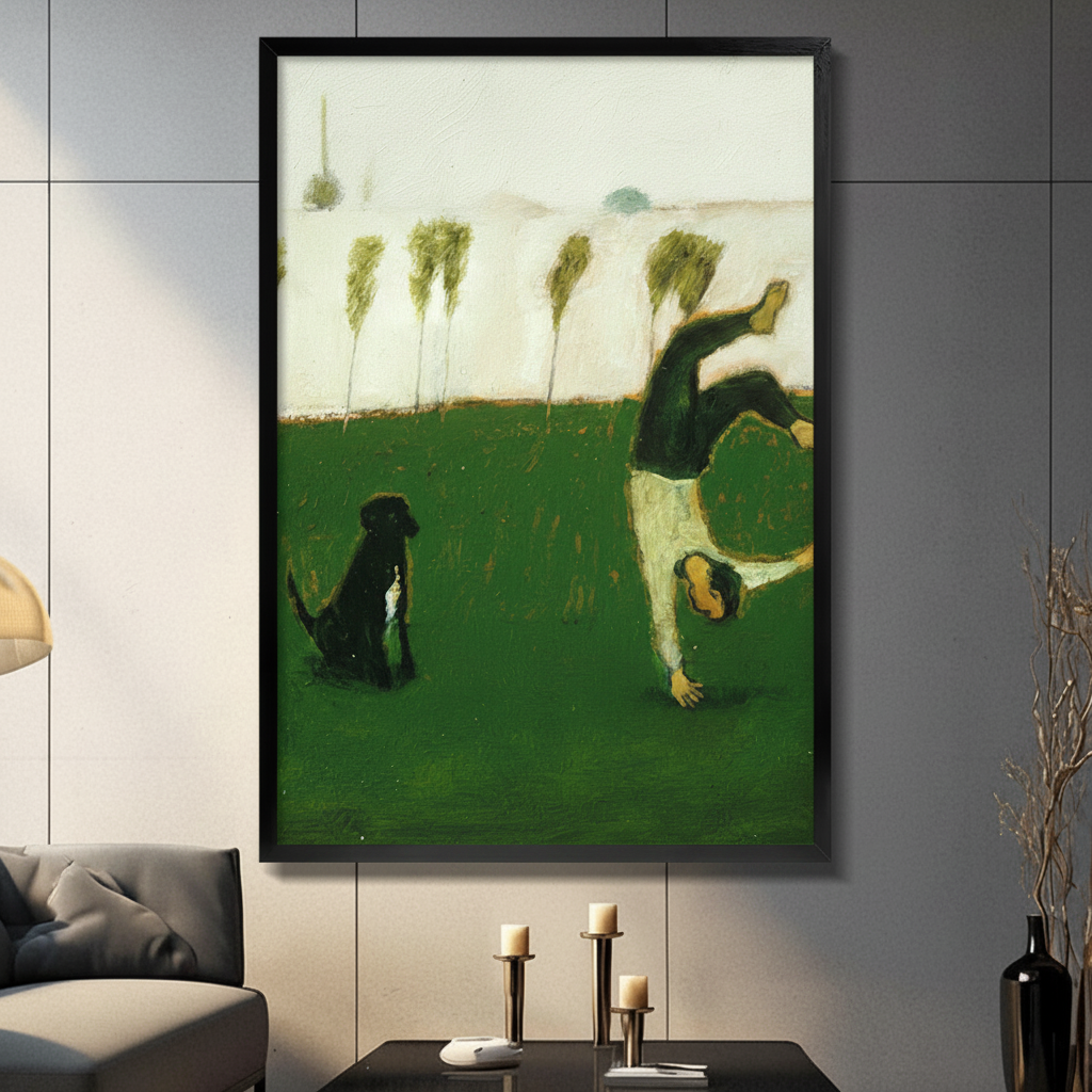 Framed vintage oil painting wall art of a boy doing a cartwheel on a green field while a black dog watches, displayed in a dark grey modern living room above a console table