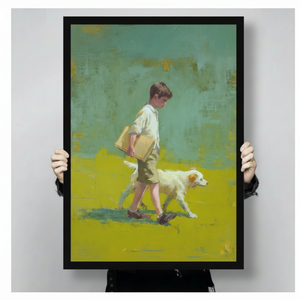 Close-up of person holding framed boy and dog walking oil painting art print with black frame