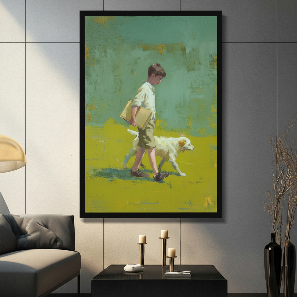 Boy walking white dog oil painting style framed wall art print displayed in modern living room