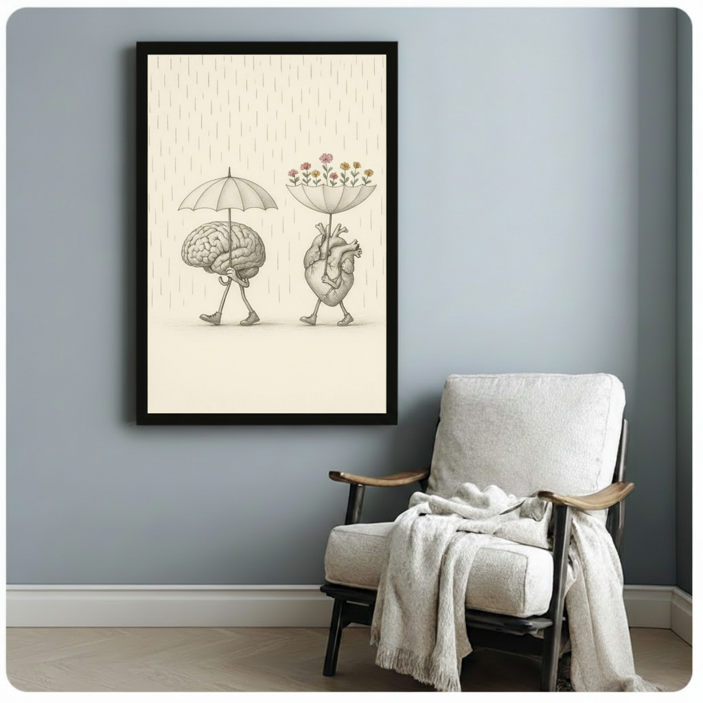Framed brain and heart walking in rain wall art beside cozy armchair with throw blanket - philosophical anatomy canvas print for reading nook or study
