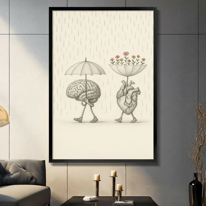 Whimsical brain and heart walking in rain canvas wall art in black frame - brain holding umbrella heart growing flowers philosophy print for living room decor