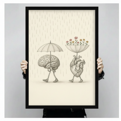 Hands holding large framed brain heart rain umbrella canvas print - full artwork detail of whimsical anatomy illustration with cream textured background