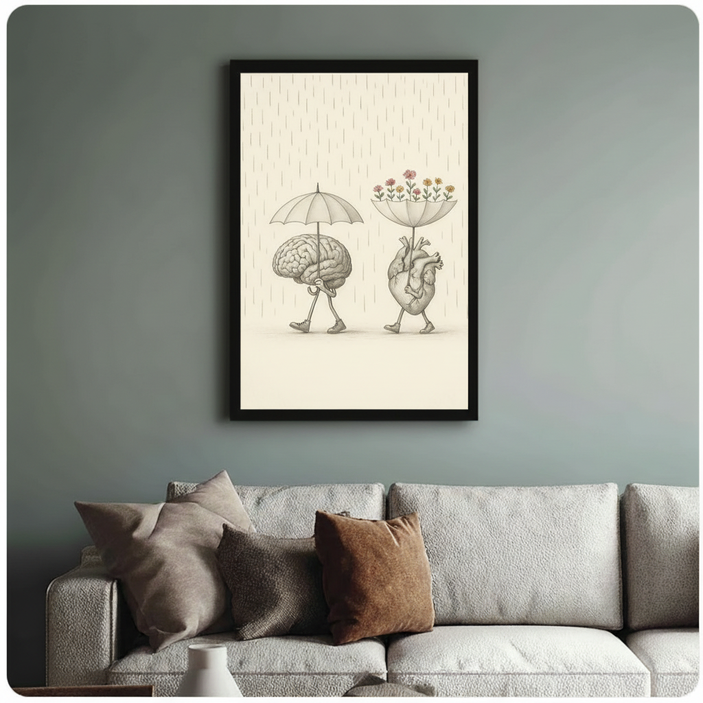Brain heart rain umbrella framed art print above linen sofa - whimsical anatomy illustration wall decor in sage grey living room with warm cushions