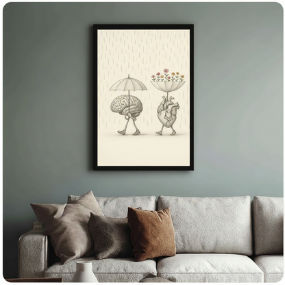 Brain heart rain umbrella framed art print above linen sofa - whimsical anatomy illustration wall decor in sage grey living room with warm cushions