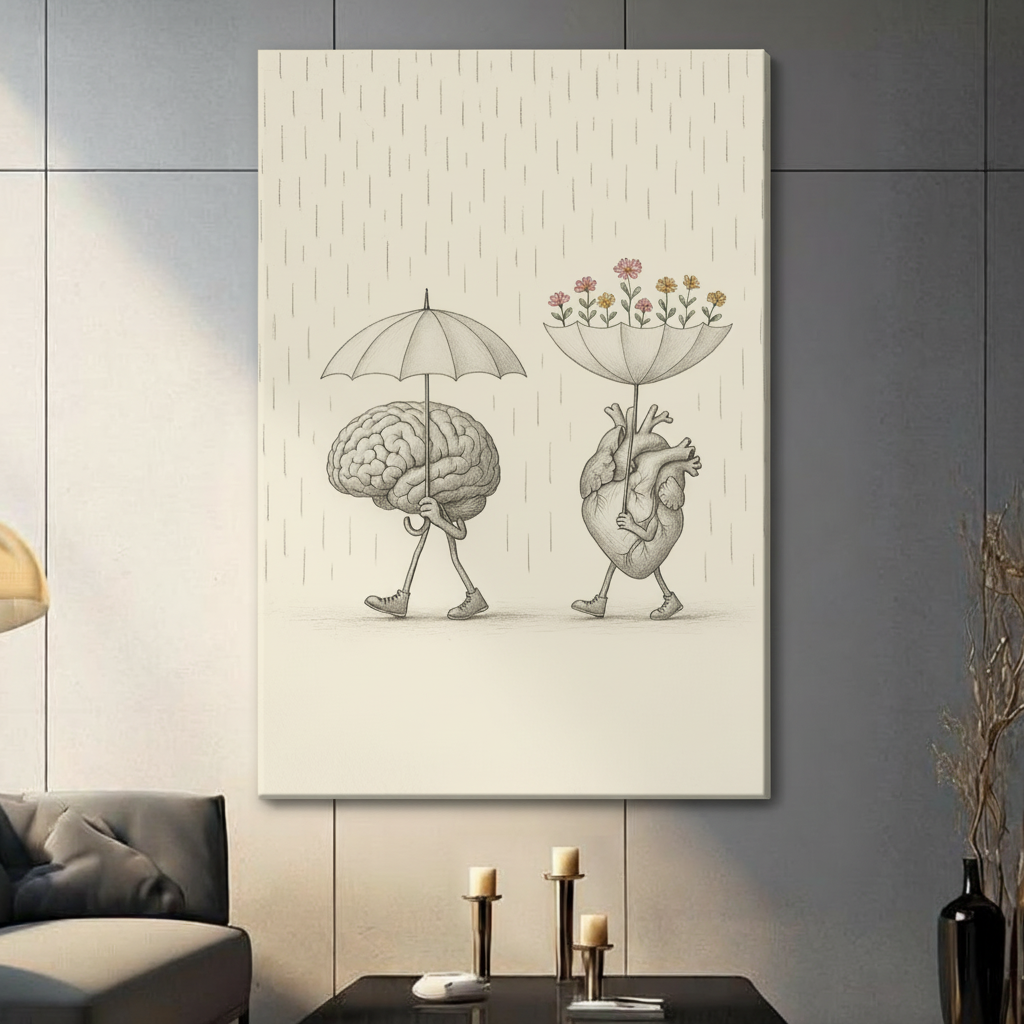Unframed brain and heart in rain canvas print - minimalist philosophy wall art with anatomical heart growing flowers on cream background for modern home decor