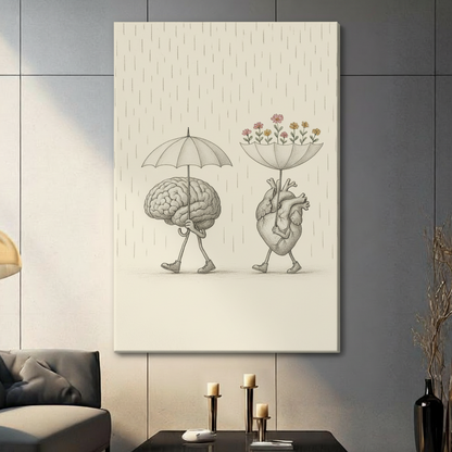 Unframed brain and heart in rain canvas print - minimalist philosophy wall art with anatomical heart growing flowers on cream background for modern home decor