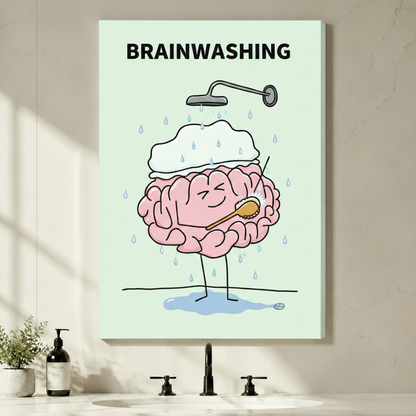 Gallery wrap stretched canvas of humorous brainwashing brain illustration hung frameless above a bathroom vanity with black faucet and soap dispenser
