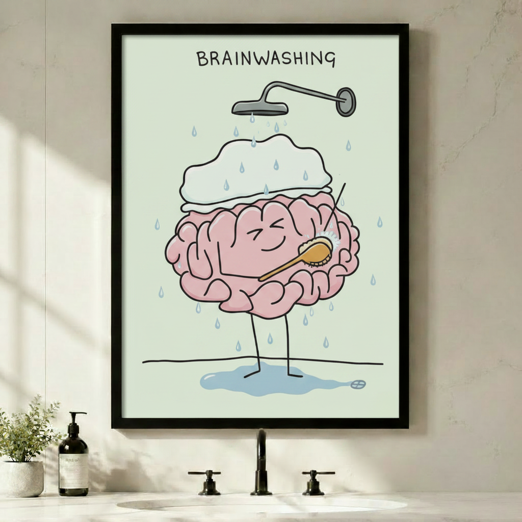 Black framed funny brainwashing brain shower canvas wall art displayed above a bathroom sink with soap dispenser and green plant, natural side lighting