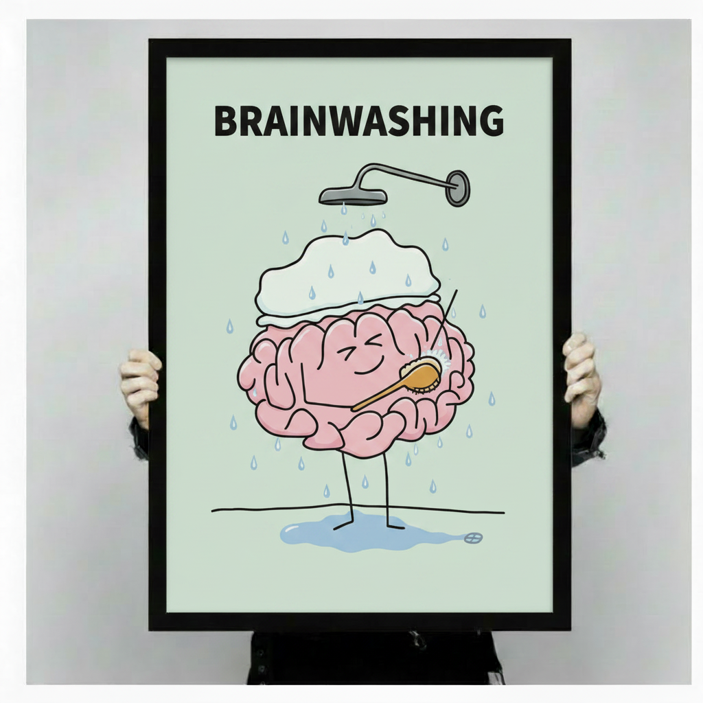Hands holding a large black framed funny brainwashing brain shower canvas art print against a neutral gray background, front-facing product display