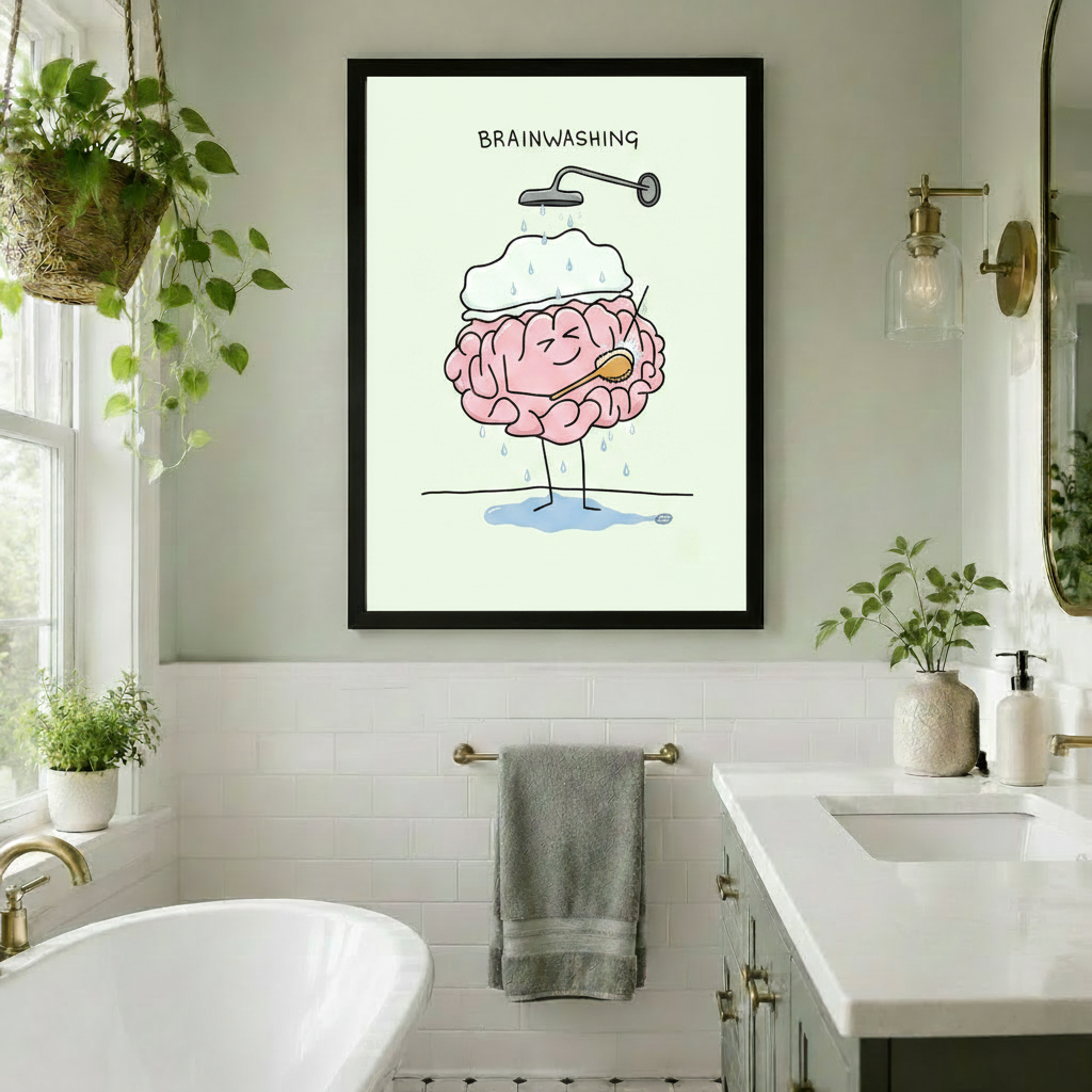 Black framed humorous brain washing art canvas hung in a bright white tile bathroom with freestanding bathtub, gold towel bar, hanging potted plants and double vanity