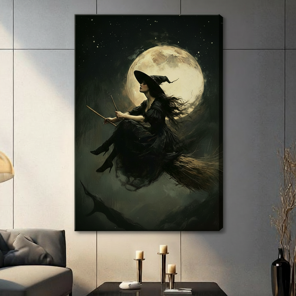 Gothic oil painting of a witch in black riding a broomstick before a glowing full moon starry night sky stretched canvas light gray panel wall living room