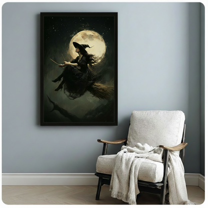 Gothic oil painting of a witch in black riding a broomstick before a glowing full moon starry night sky framed print beside armchair blue-gray wall