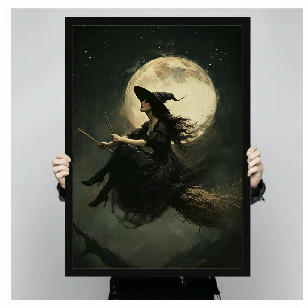 Gothic oil painting of a witch in black riding a broomstick before a glowing full moon starry night sky framed print held up