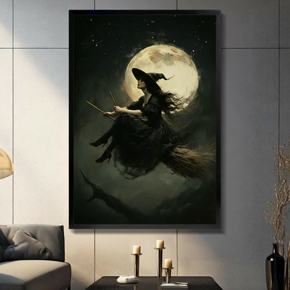 Gothic oil painting of a witch in black riding a broomstick before a glowing full moon starry night sky framed print light gray panel wall living room