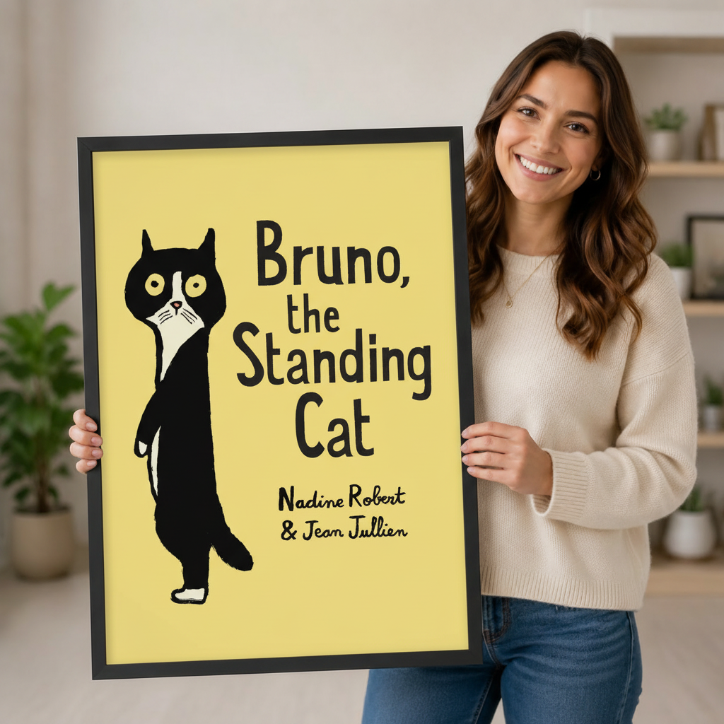 Smiling woman holding a large vertical black framed Bruno the Standing Cat whimsical canvas art print showing a wide-eyed black and white tuxedo cat standing upright beside bold hand-lettered title text and the author names Nadine Robert and Jean Jullien on a vivid lemon yellow background in a bright plant-filled room