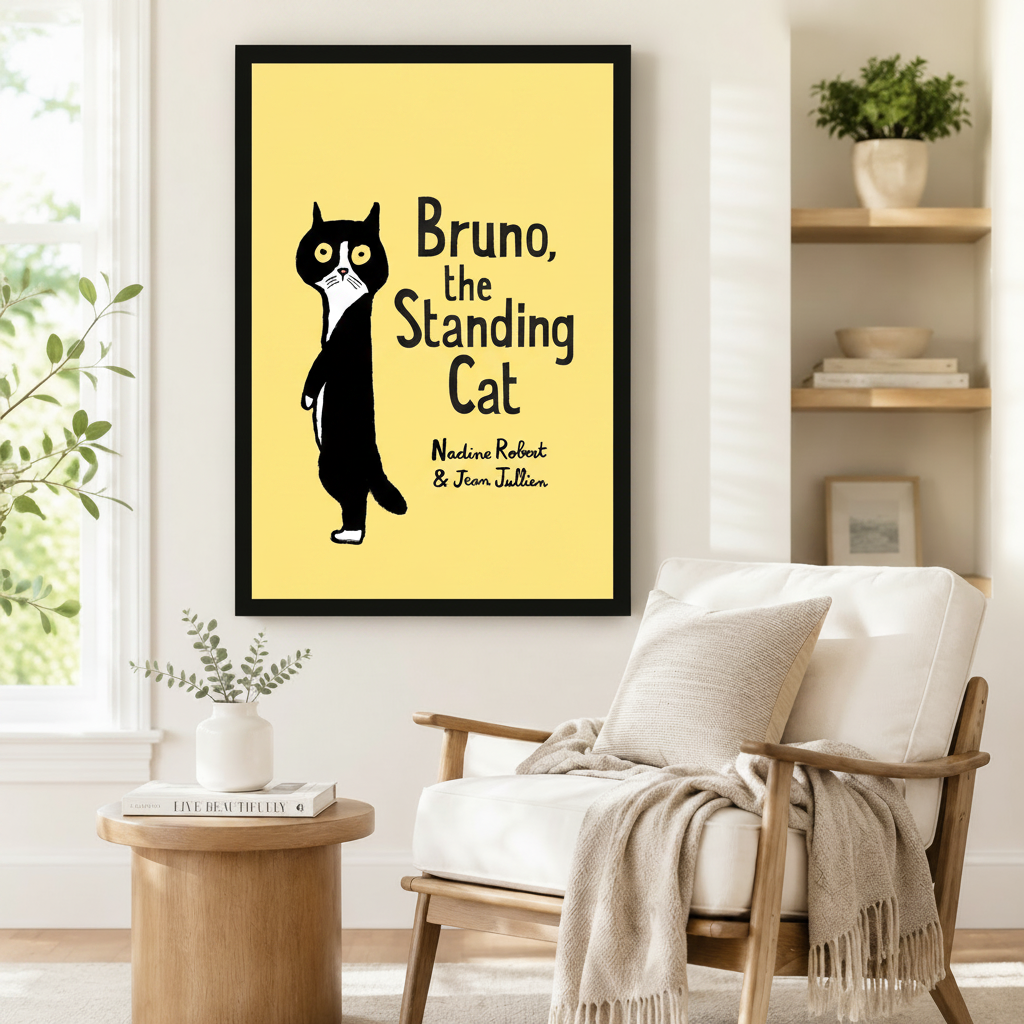 Black framed whimsical Bruno the Standing Cat book cover canvas art showing a quirky black and white tuxedo cat standing on two legs with big yellow eyes beside bold hand-lettered text Bruno the Standing Cat and the authors Nadine Robert and Jean Jullien on a bright lemon yellow background, displayed on a white wall beside a white wooden armchair with a cream throw and a round wood side table with books