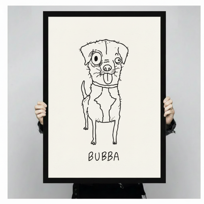 Two hands holding framed Bubba dog quirky line art canvas to demonstrate actual print size and black frame quality against neutral background