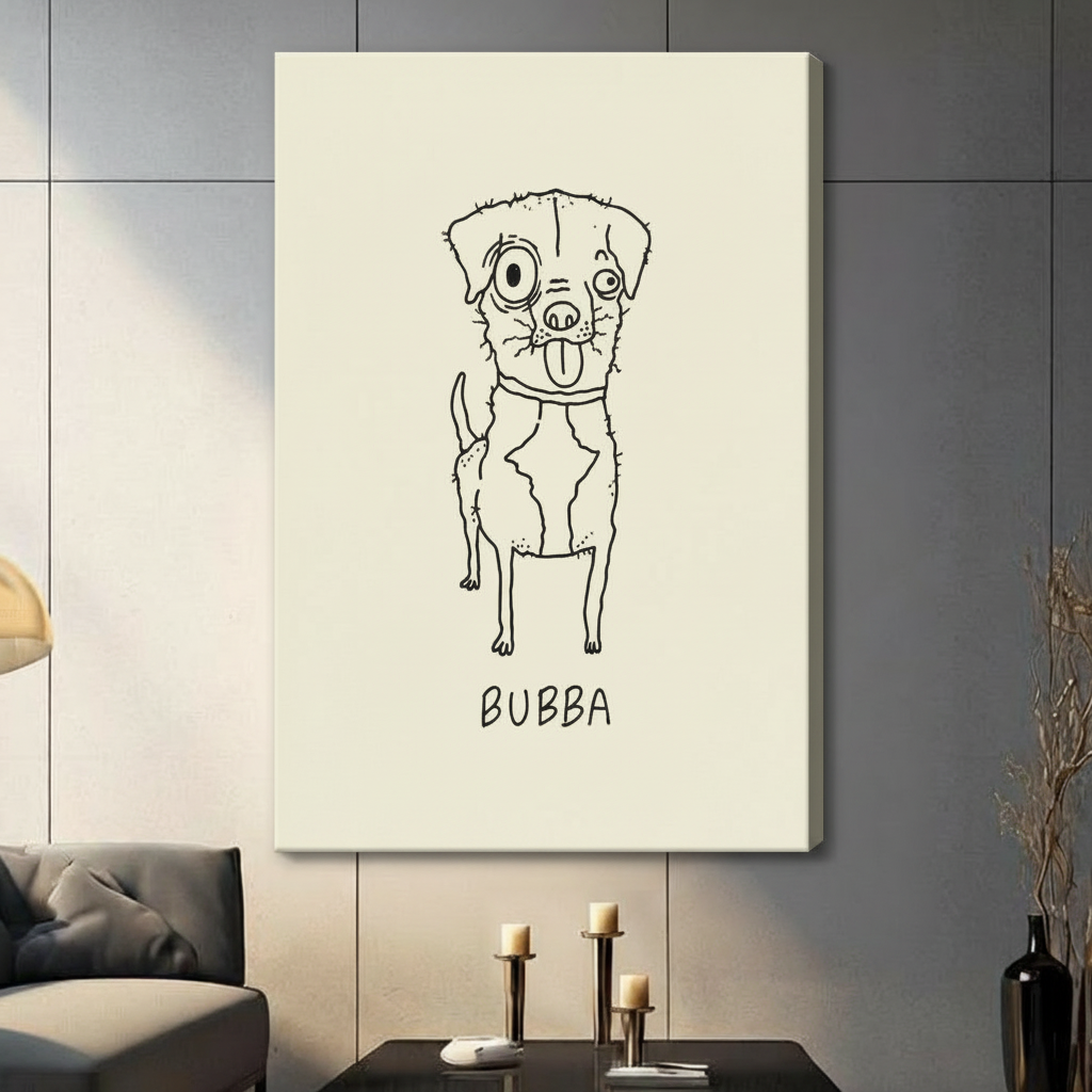 Unframed Bubba dog quirky line drawing canvas print wall art against dark grey tile wall in contemporary living room setting