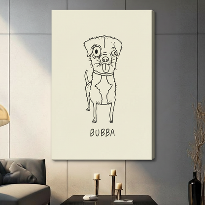 Unframed Bubba dog quirky line drawing canvas print wall art against dark grey tile wall in contemporary living room setting