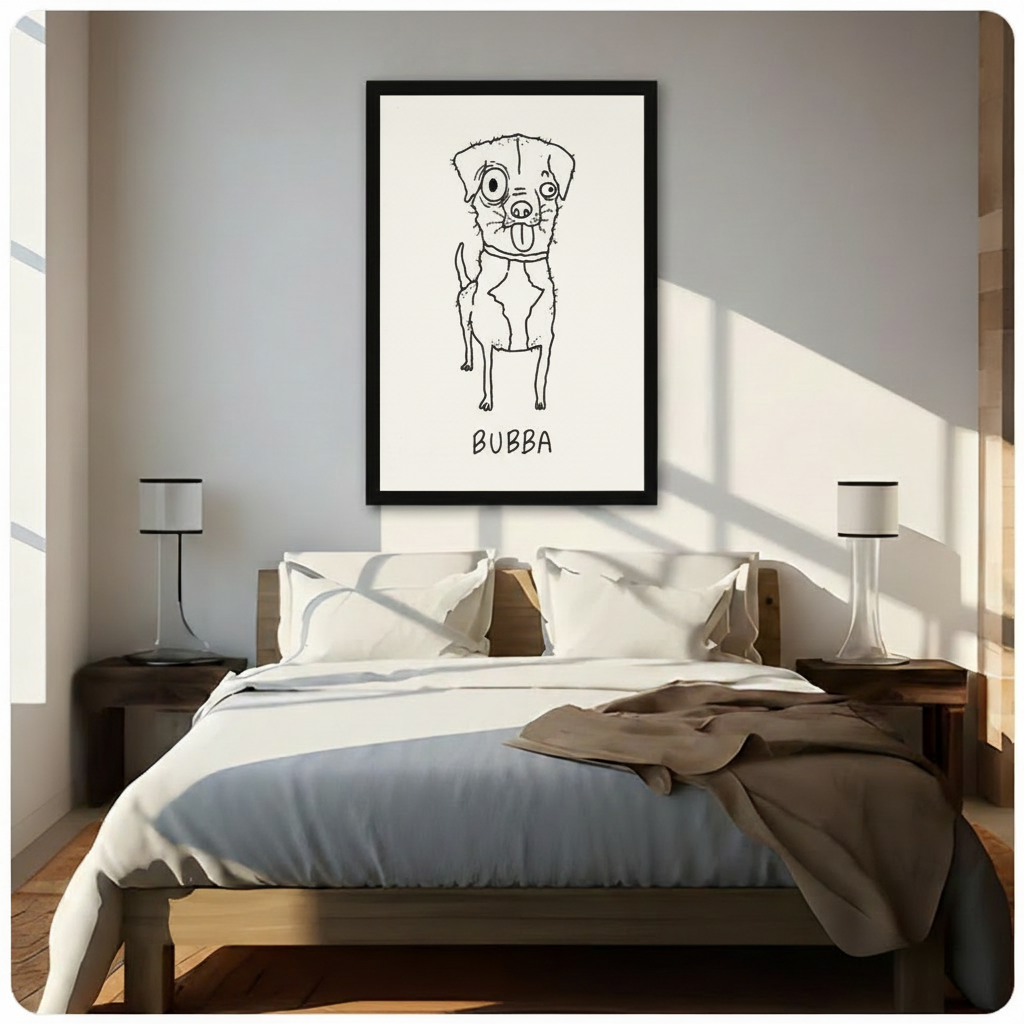 Framed Bubba funny dog minimalist line art canvas above bed in bright sunlit neutral bedroom with dark wood nightstands and modern table lamps