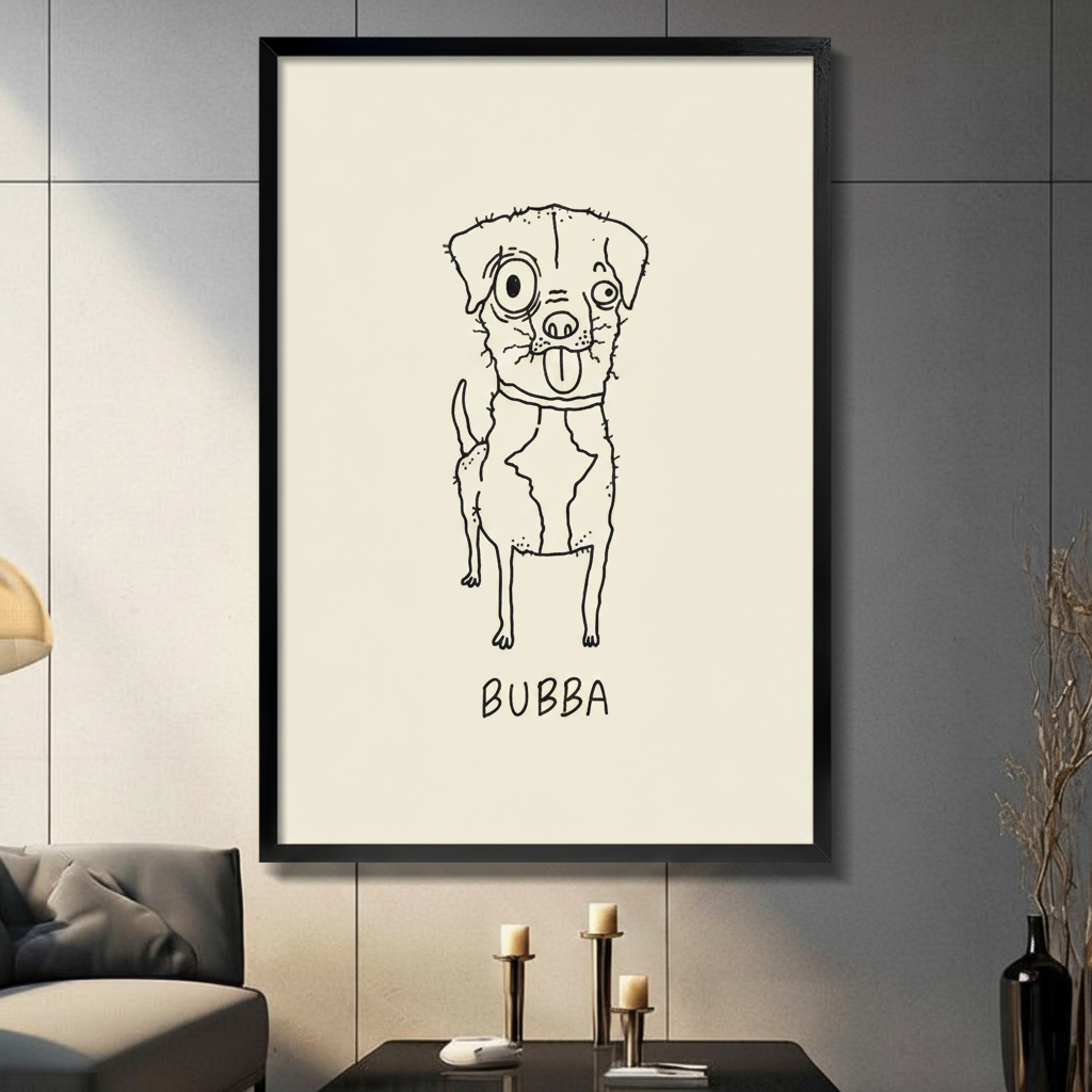 Framed Bubba funny dog minimalist line art canvas wall art displayed in modern living room with dark grey tile wall and candlestick console decor