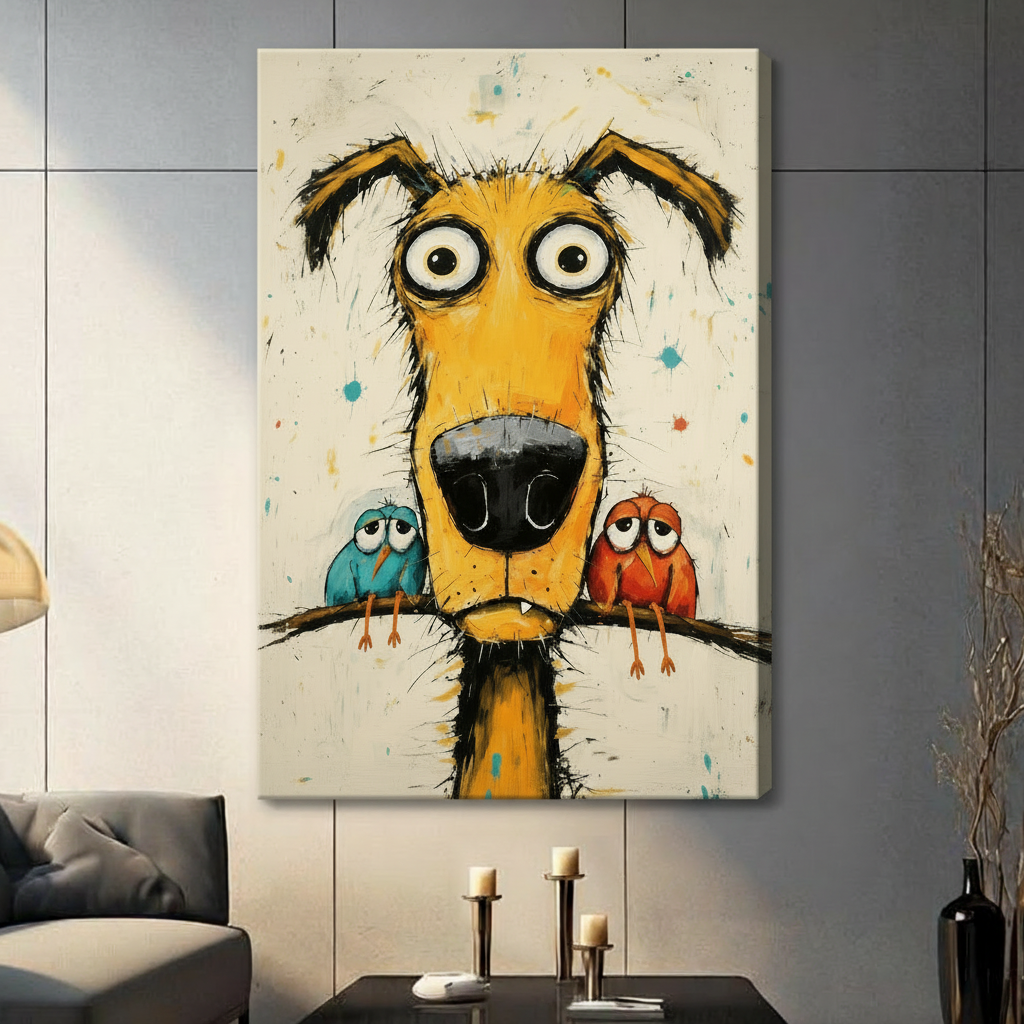 Canvas wrap wall art featuring a funny big-nosed yellow dog with two grumpy birds on a branch, hung on a grey living room wall
