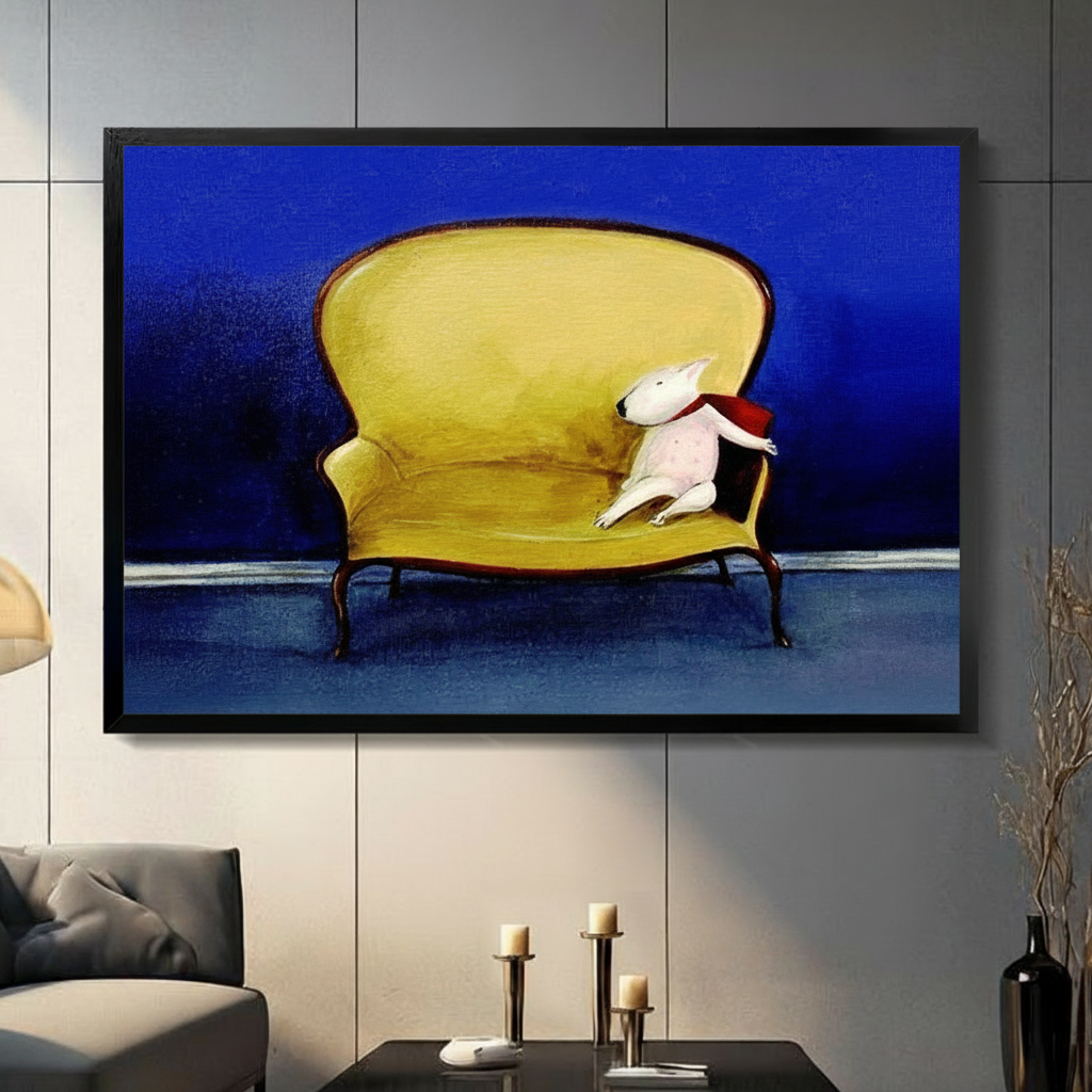 White bull terrier with red scarf lounging on yellow French armchair impasto oil painting in black frame on dark grey panel wall – cobalt blue background aristocratic dog canvas wall art for living room