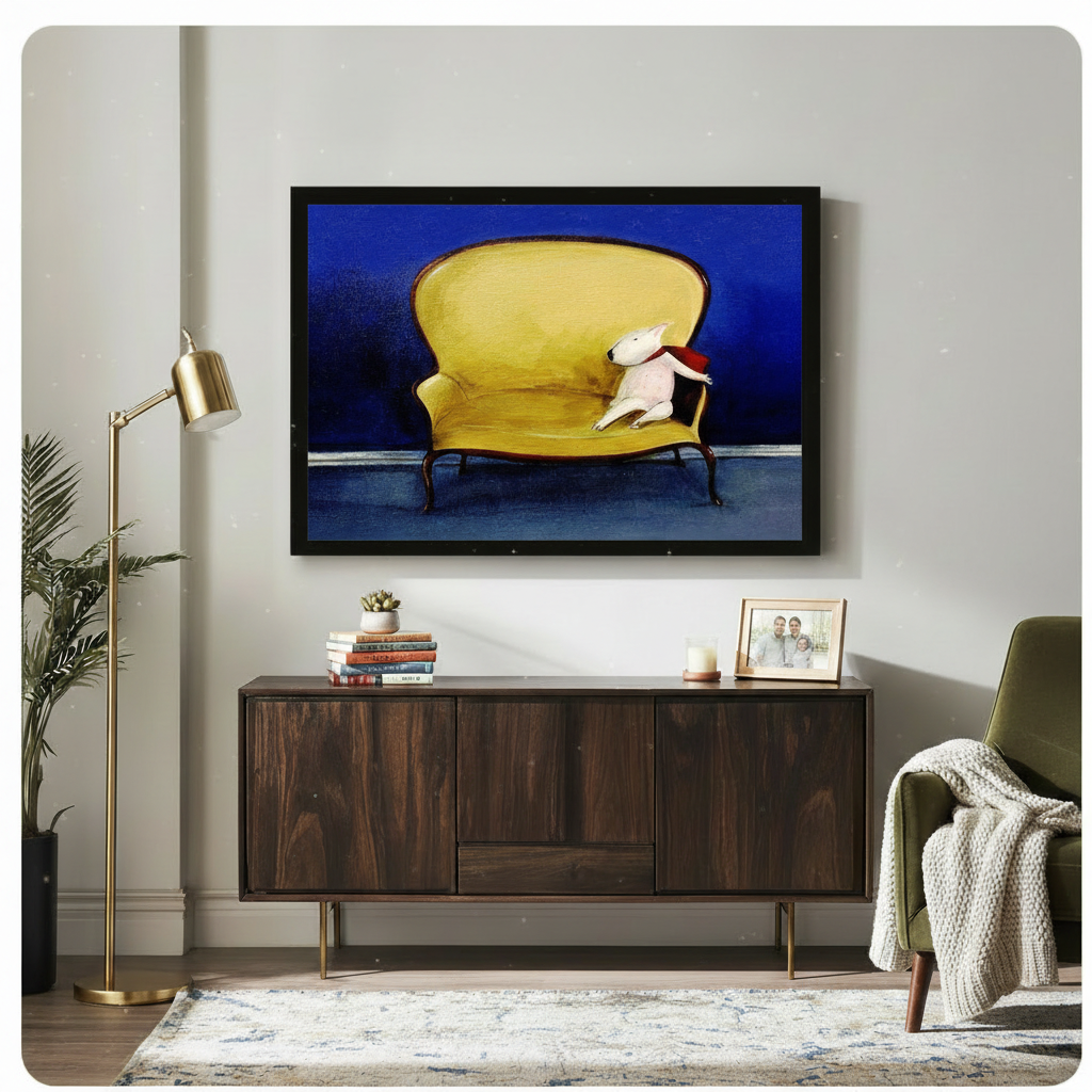 Framed white bull terrier with red scarf on yellow French sofa impasto oil painting above dark walnut sideboard on light grey wall – cobalt blue background aristocratic dog canvas wall art for dining or hallway decor