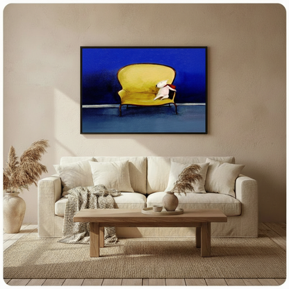 Framed white bull terrier with red scarf on yellow French sofa impasto oil painting above cream linen sofa on warm beige wall – cobalt blue background dog canvas wall art for Scandinavian living room decor