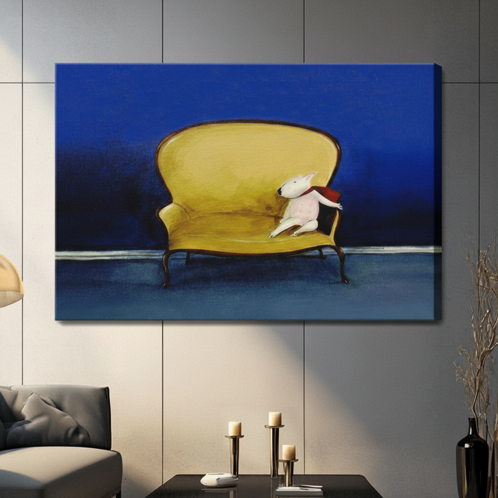 Frameless white bull terrier wearing red scarf on oversized yellow French sofa impasto oil painting on dark grey panel wall – deep blue background humorous dog canvas print for contemporary living room