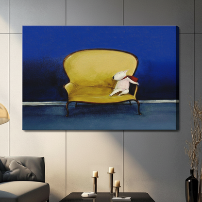 Frameless white bull terrier wearing red scarf on oversized yellow French sofa impasto oil painting on dark grey panel wall – deep blue background humorous dog canvas print for contemporary living room