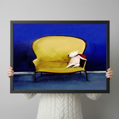 Person holding framed white bull terrier with red scarf lounging on yellow French armchair impasto oil painting canvas – cobalt blue background aristocratic dog wall art size reference