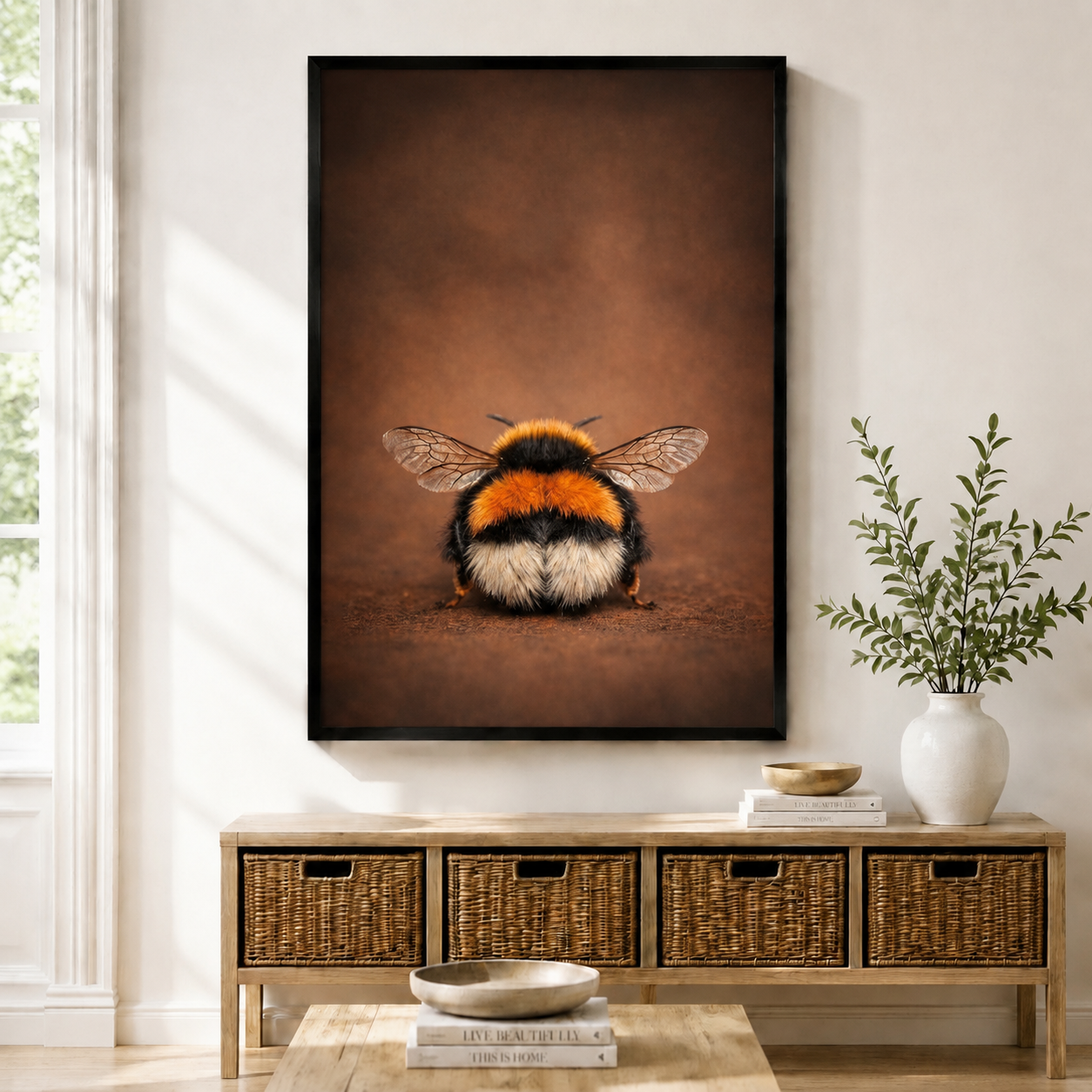 Framed bumblebee back view wall art print displayed above a wooden console with wicker baskets in a warm neutral living room