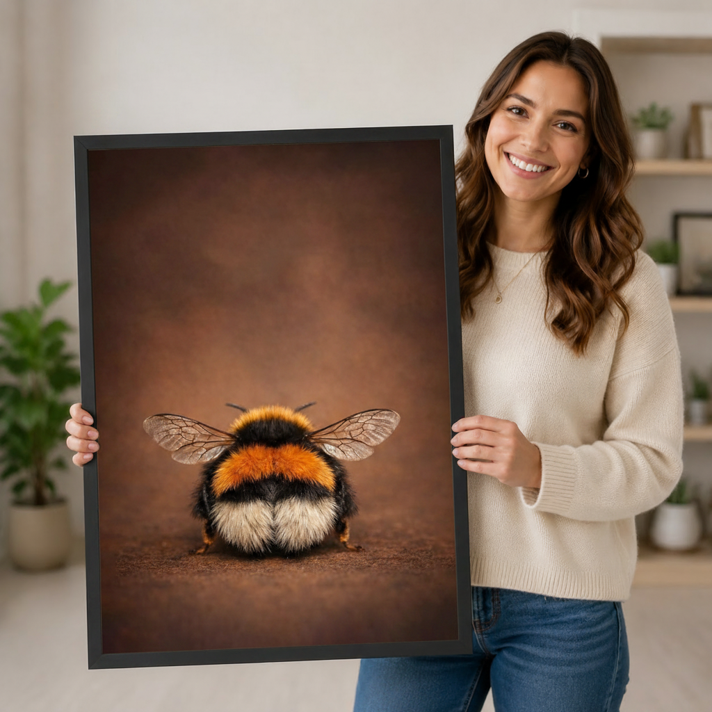 Woman holding large black framed bumblebee art print showing print size scale in a bright modern home interior