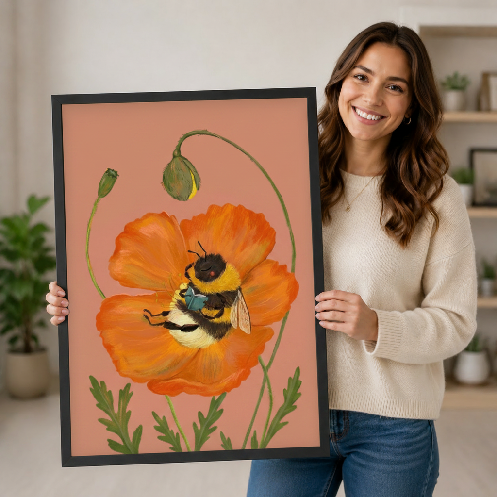 Smiling woman holding a large framed bumblebee and orange poppy flower wall art print on a dusty rose background, showcasing print size and vivid botanical illustration detail