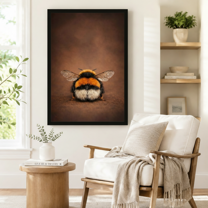 Black framed bumblebee portrait art print on white wall beside a wooden armchair and round side table in a cozy minimalist reading nook