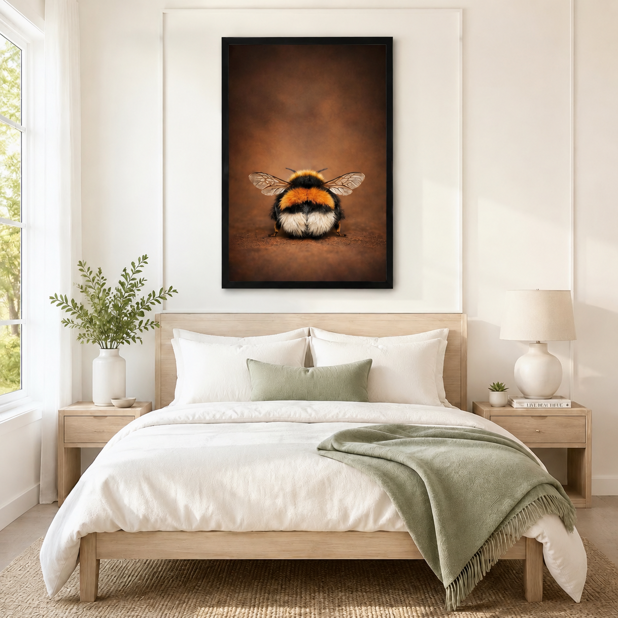 Black framed bumblebee macro art print above a Scandinavian oak bed with white linen and sage green throw in a serene minimalist bedroom