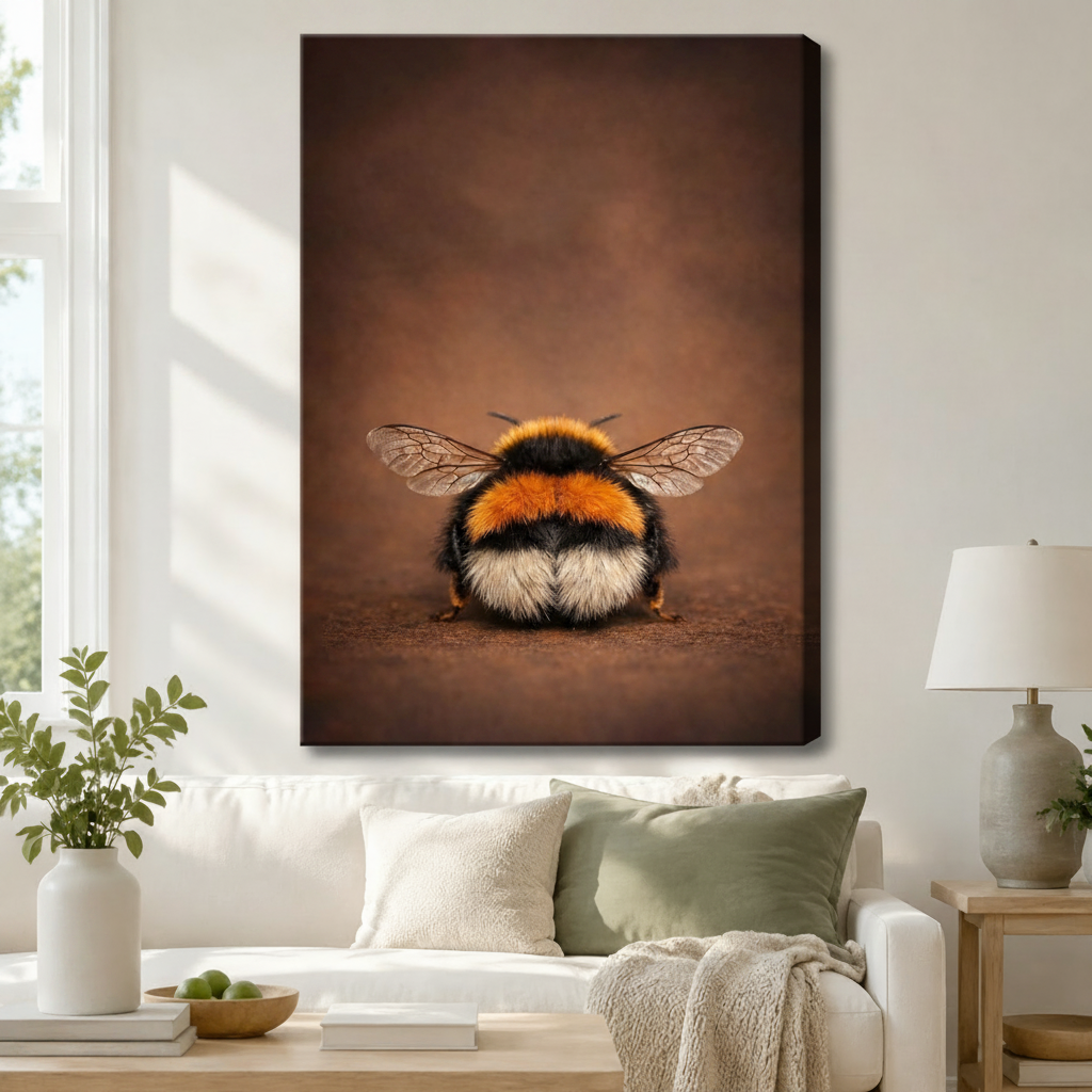 Unframed canvas bumblebee wildlife art print hanging above a white sofa with sage green cushions in a bright Scandinavian-style living room