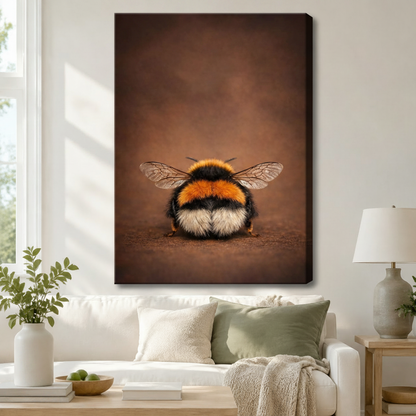Unframed canvas bumblebee wildlife art print hanging above a white sofa with sage green cushions in a bright Scandinavian-style living room
