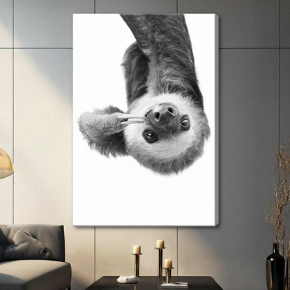 Realistic black and white fluffy sloth hanging upside down with big round eyes and claws making peace sign gallery wrap canvas art on white background on a dark gray paneled wall above a charcoal sofa with candle holders and a black vase