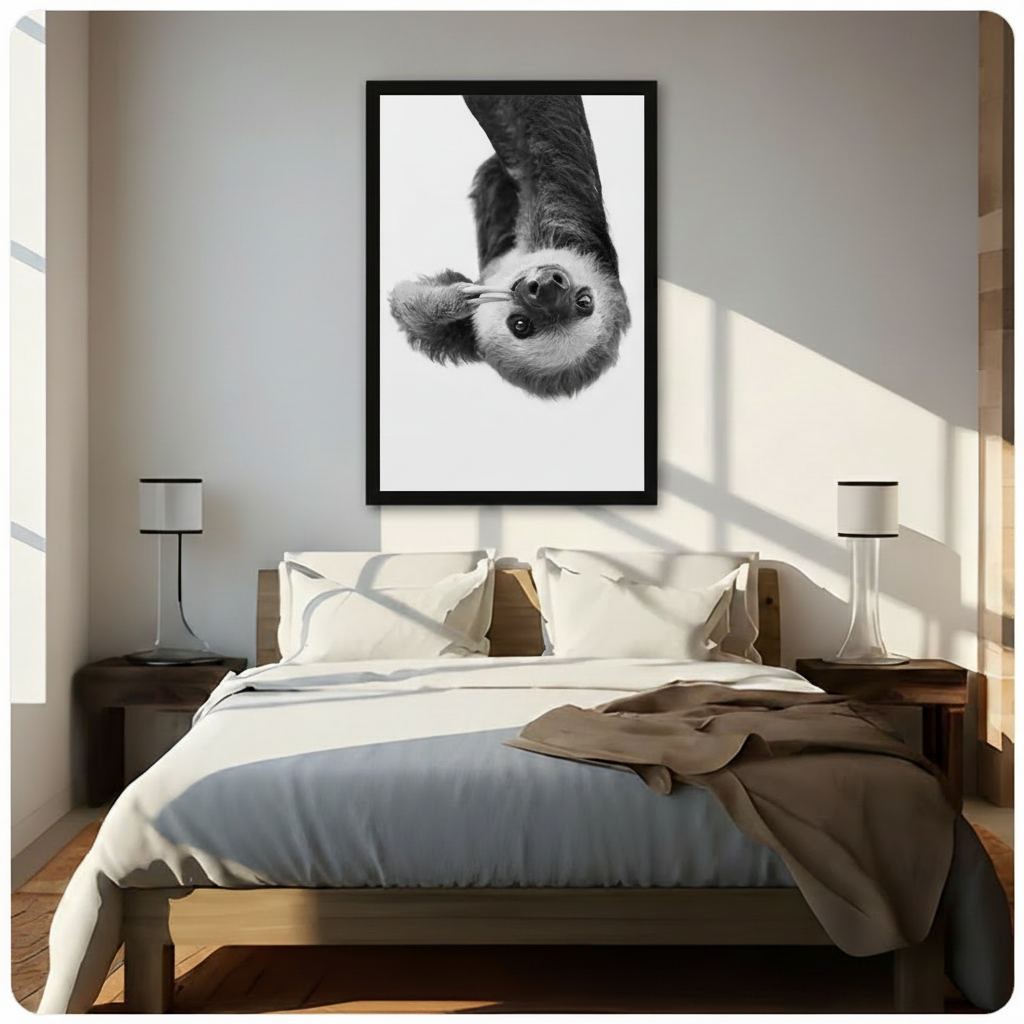 Black framed black and white realistic fluffy sloth hanging upside down with big eyes and peace sign claws canvas art on white background above a bed with white linen bedding, a taupe throw blanket, dark wood nightstands, and white cylindrical table lamps in a sunlit modern bedroom
