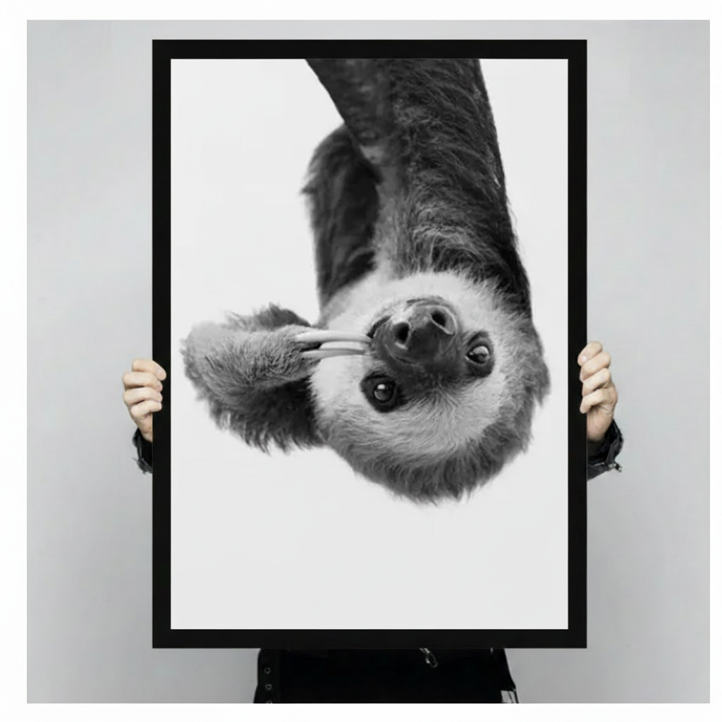 Person holding a black framed black and white realistic fluffy sloth hanging upside down making peace sign with claws art print on white background against a light gray backdrop
